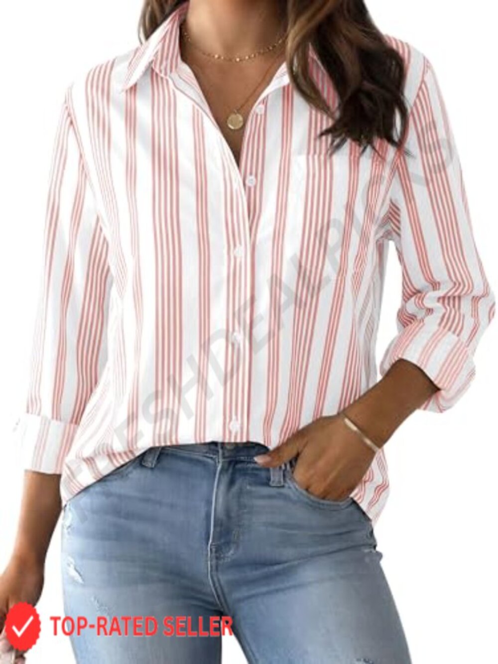 Women's Striped Button Down Shirt, Long Sleeve Cotton Blend Blouse